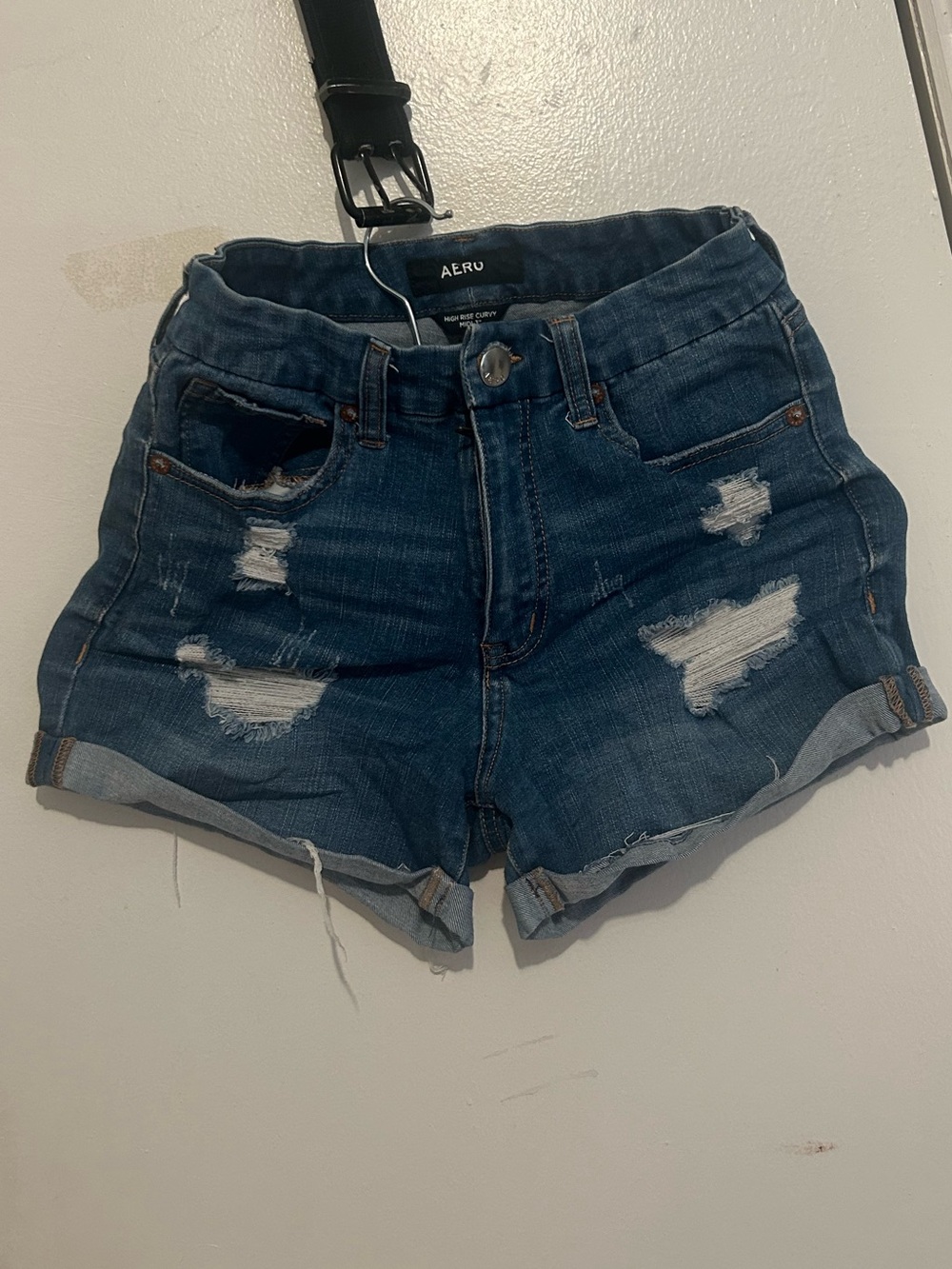 AERU Dark Blue Distressed Roll-Hem Denim Shorts